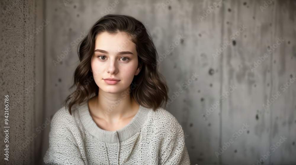 Pretty brunette young woman on the background of a concrete wall. Generative AI Pretty brunette young woman on the background of a concrete wall. Generative AI