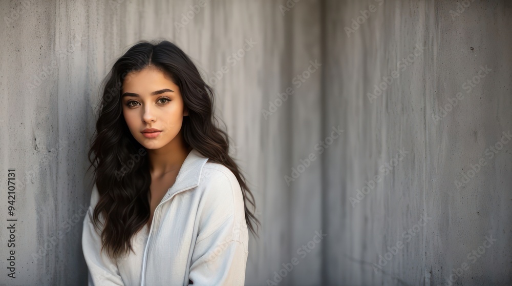 Pretty brunette young woman on the background of a concrete wall. Generative AI Pretty brunette young woman on the background of a concrete wall. Generative AI