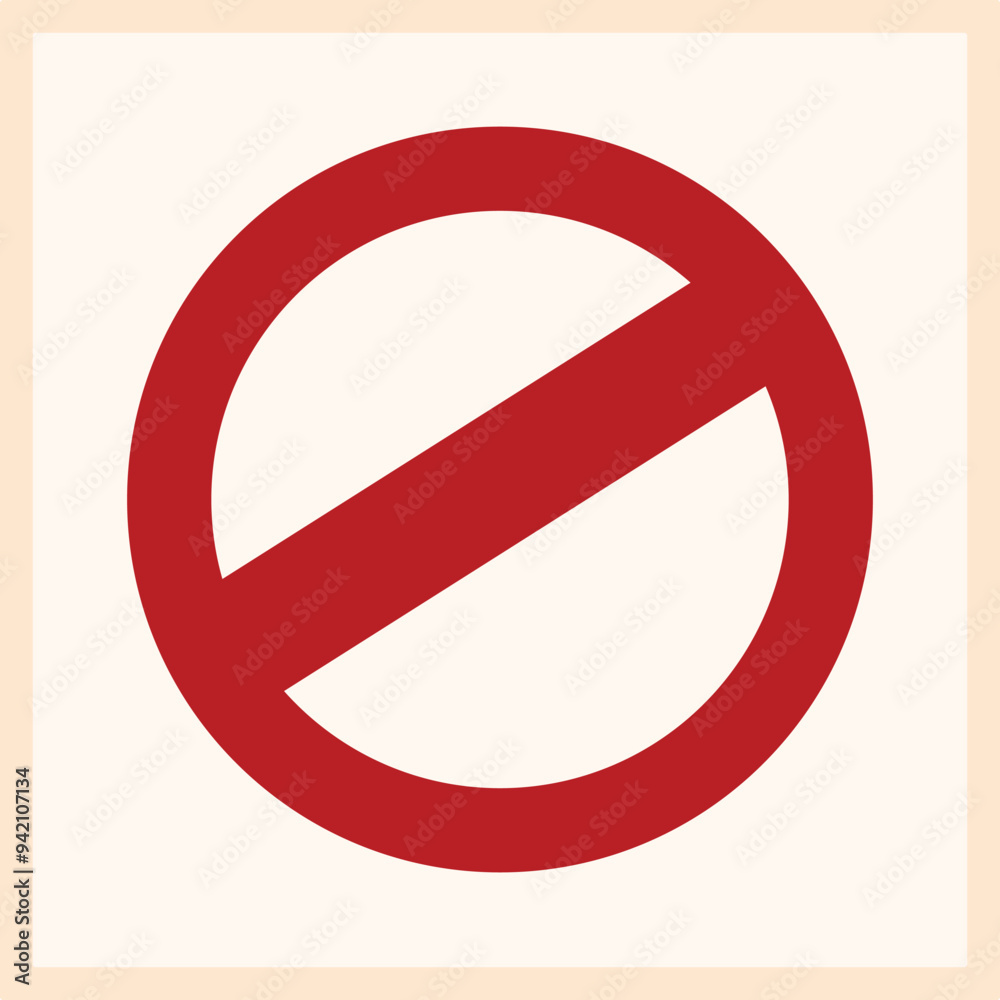 Red forbidden symbol with a diagonal line, indicating prohibition or restriction on a square background Red forbidden symbol with a diagonal line, indicating prohibition or restriction on a square background