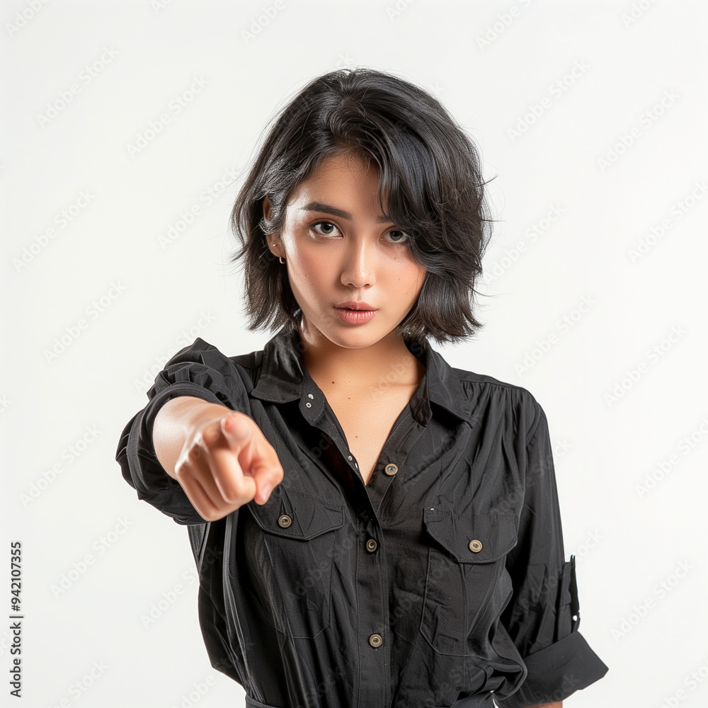 asian woman, pointing finger at camera, short hair, advertising photography, white background asian woman, pointing finger at camera, short hair, advertising photography, white background