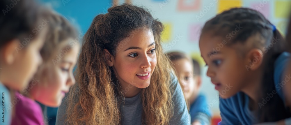Fototapeta premium A young teacher attentively engages with a group of children, fostering a supportive and interactive learning environment