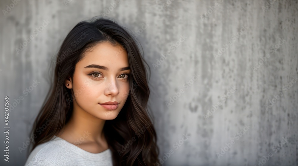 Pretty brunette young woman on the background of a concrete wall. Generative AI Pretty brunette young woman on the background of a concrete wall. Generative AI