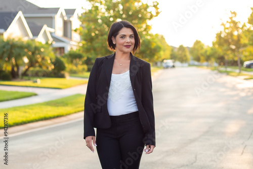 realtor woman with walking down the street in a neighborhood 