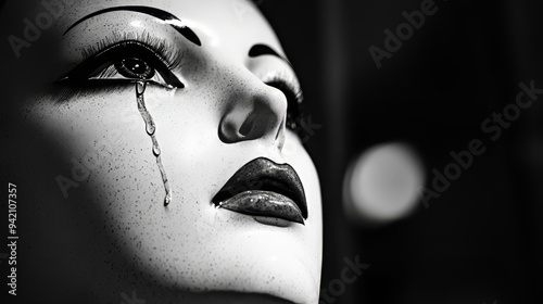 Tears of Porcelain: A hauntingly beautiful black and white portrait of a female mannequin, tears cascading down her face, evoking a sense of melancholy and intrigue.  photo