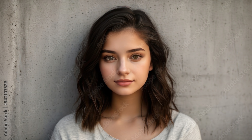 Pretty brunette young woman on the background of a concrete wall. Generative AI Pretty brunette young woman on the background of a concrete wall. Generative AI