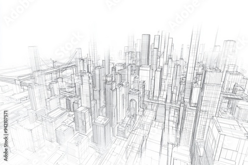 A wireframe representation of a futuristic cityscape, showcasing a dense arrangement of skyscrapers and bridges, emphasizing architectural design and urban planning