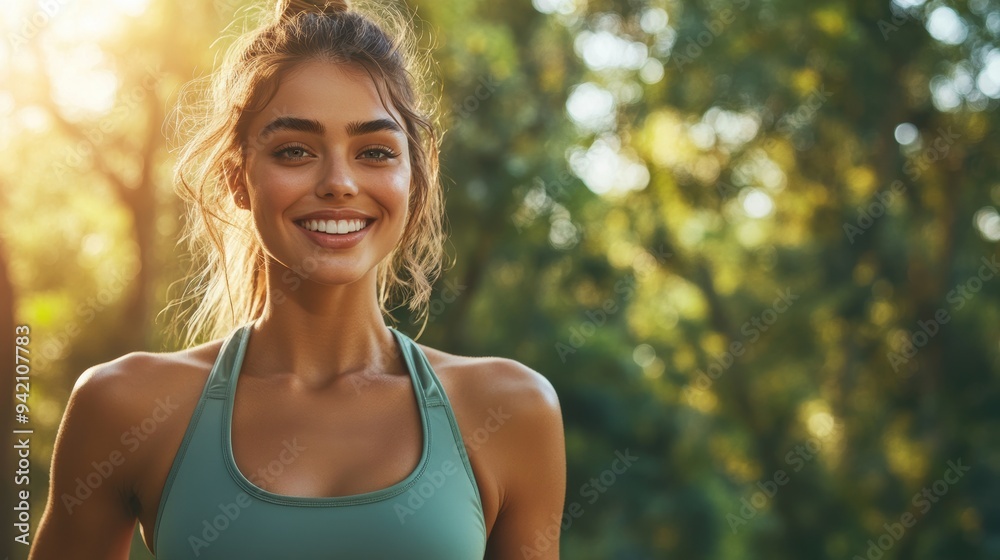 A young woman outdoors smiling, wearing activewear, with a backdrop of sunlit greenery, radiating joy and health A young woman outdoors smiling, wearing activewear, with a backdrop of sunlit greenery, radiating joy and health