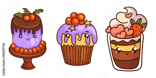 Set of cute sweet icons in kawaii style with smiling face for sweet design. Ice cream, cake, sundae kids, coffee, cupcake, fruit cocktail.