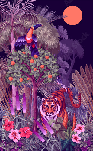 Landscape with jungle trees and animals for kids wallpapers. Vector.