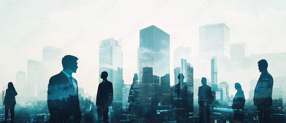 Double exposure of a silhouette of business professionals stands against a backdrop of modern skyscrapers, conveying themes of collaboration, urban life, and corporate culture Double exposure of a silhouette of business professionals stands against a backdrop of modern skyscrapers, conveying themes of collaboration, urban life, and corporate culture