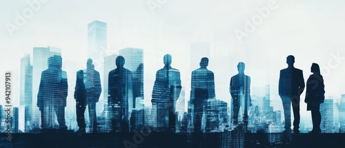 Double exposure of silhouetted figures stand against a backdrop of a city skyline, creating a striking juxtaposition of human presence and urban environment
