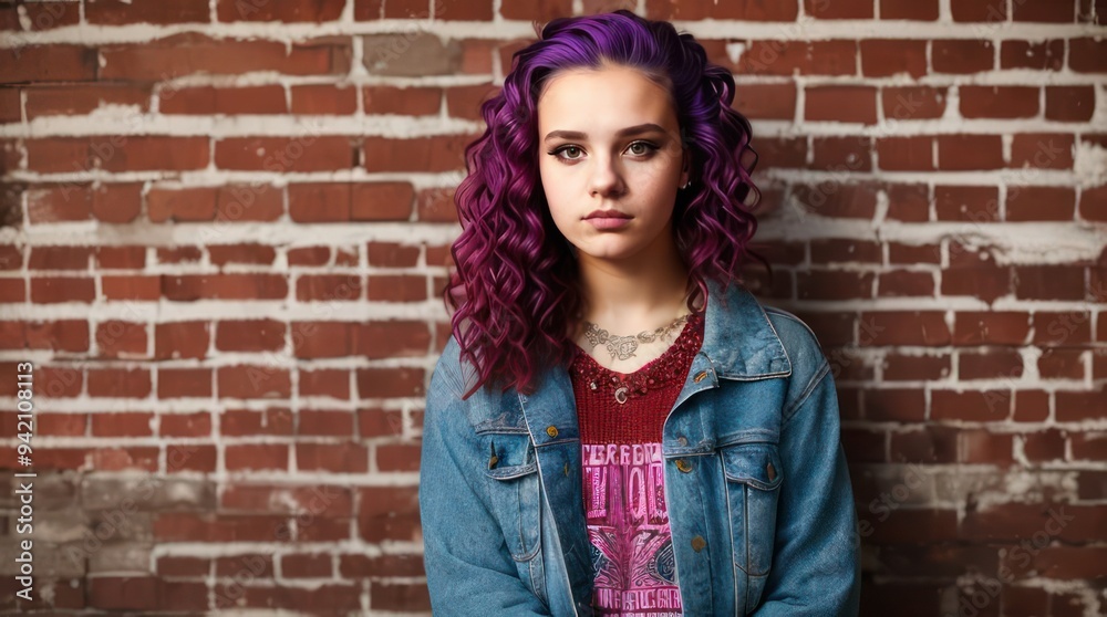 Pretty punk young woman on the background of a brick wall. Generative AI Pretty punk young woman on the background of a brick wall. Generative AI