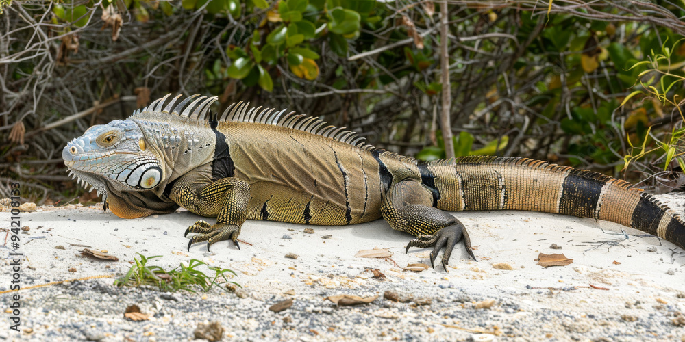 Large iguana resting on sandy ground surrounded by foliage in natural habitat Large iguana resting on sandy ground surrounded by foliage in natural habitat
