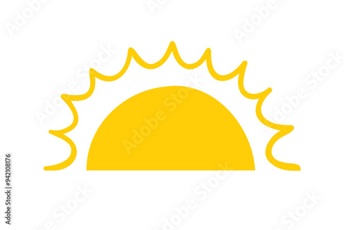 Yellow semicircle doodle half sun Hand drawn icon style. Sunset simple graphic symbol. Summer heat icon. Half round solar element.