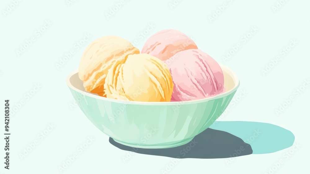 A soft illustration of three colorful ice cream scoops in a light green bowl, set against a pastel backdrop, evoking a sense of sweetness and summer joy A soft illustration of three colorful ice cream scoops in a light green bowl, set against a pastel backdrop, evoking a sense of sweetness and summer joy