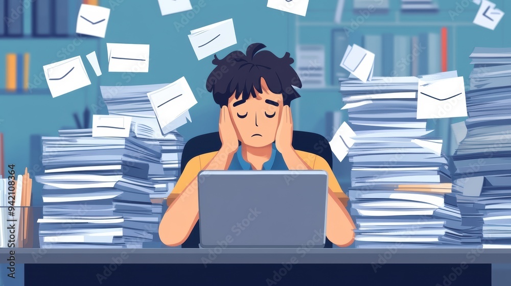 A stressed individual sits at a cluttered desk, overwhelmed by papers and emails, indicating a high-pressure work environment or tasks piling up A stressed individual sits at a cluttered desk, overwhelmed by papers and emails, indicating a high-pressure work environment or tasks piling up