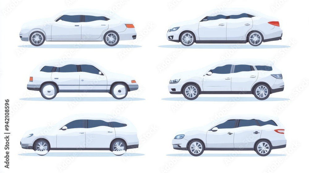 A set of snowcovered cars, parked and blanketed in white, realistic and detailed, flat , isolated on white background A set of snowcovered cars, parked and blanketed in white, realistic and detailed, flat , isolated on white background