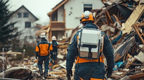 A first responder walks through debris. This photo is perfect for illustrating the aftermath of a disaster, showing the bravery of emergency workers.