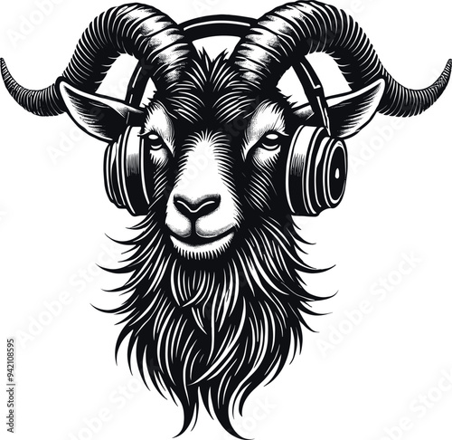 Goat wearing headphones, vector illustration