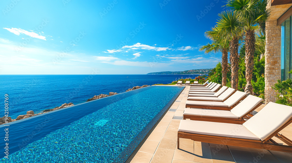 Fototapeta premium Luxurious infinity pool overlooking the ocean with palm trees in the bright sunlight on a clear day in a tropical paradise