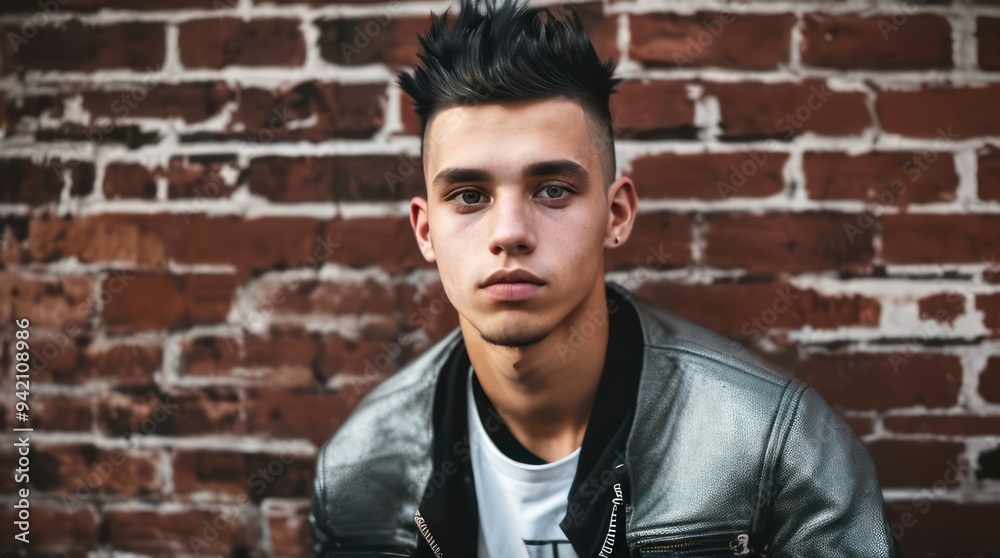 Young man on the background of a brick wall. Generative AI Young man on the background of a brick wall. Generative AI