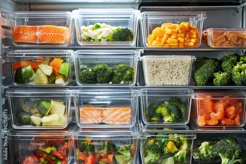 A well-organized refrigerator with clear containers filled with various fresh vegetables, salmon, and rice, promoting healthy meal preparation and storage