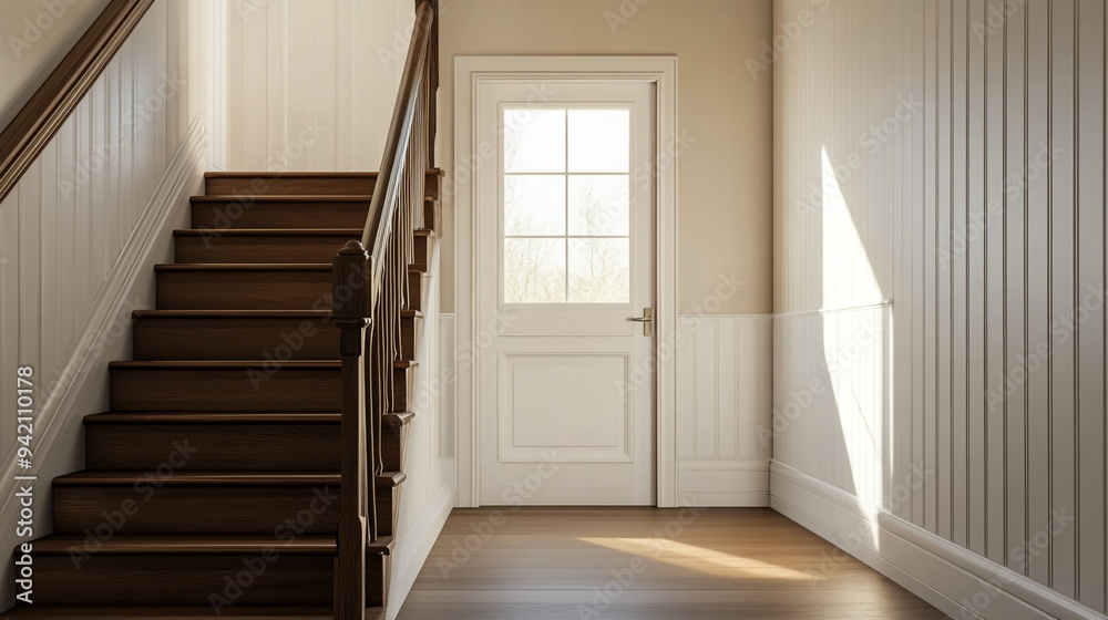 Fototapeta premium Bright entrance hallway with wooden staircase and door in a modern home, showcasing natural light in the early morning