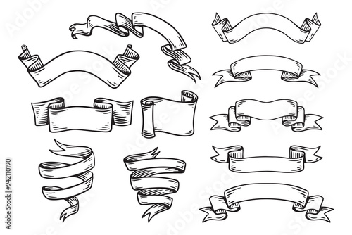 Hand drawn ribbons vintage set. Doodle style black color sketch. Isolated elements.