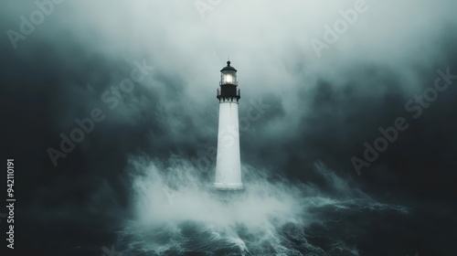 A lone lighthouse stands steadfast amidst crashing waves in a ferocious sea storm, serving as a beacon of safety and guidance for ships navigating perilous waters.