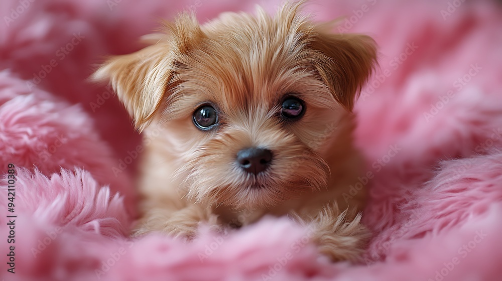 Adorable puppy with big eyes, lying on pink fluffy blanket. Adorable puppy with big eyes, lying on pink fluffy blanket.