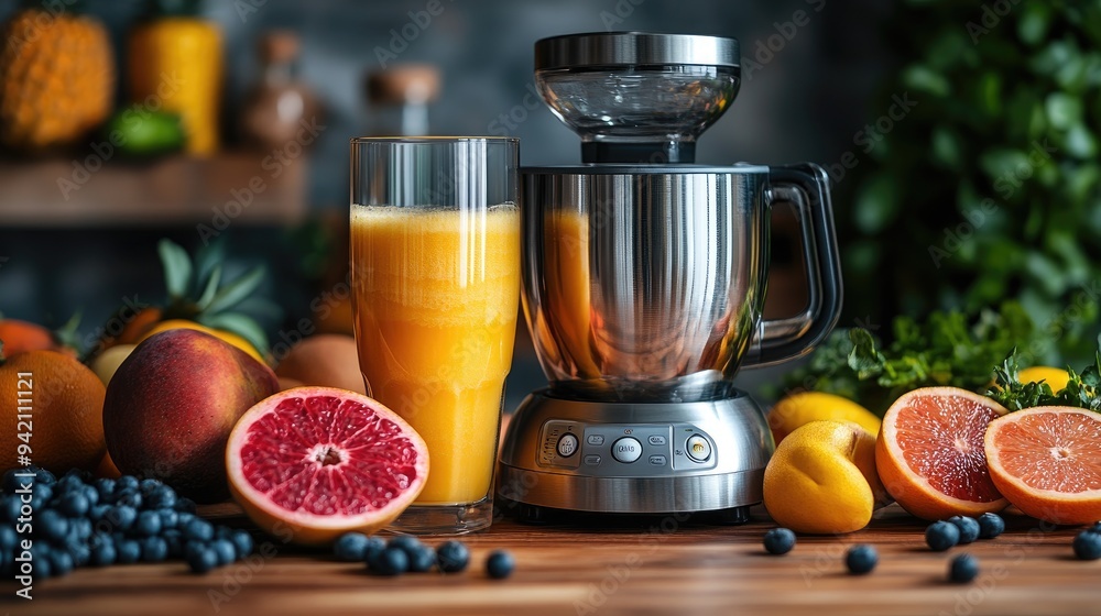 Freshly squeezed juice in a glass, next to a blender. This image represents healthy living and using fresh ingredients for a delicious drink. Freshly squeezed juice in a glass, next to a blender. This image represents healthy living and using fresh ingredients for a delicious drink.