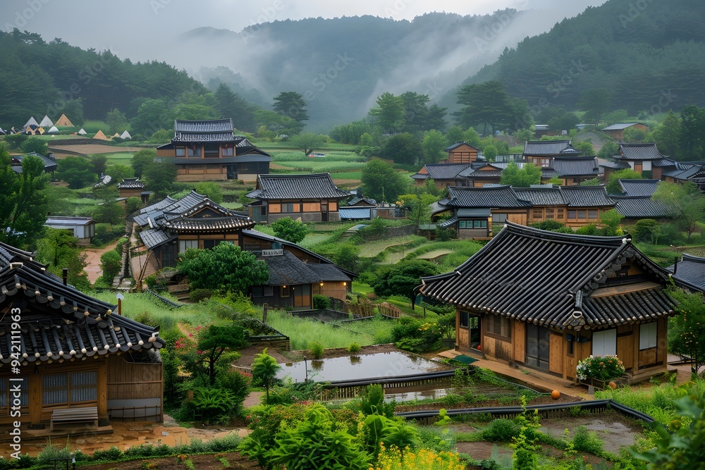 Fototapeta premium Serene Traditional Village Surrounded by Lush Green Mountains and Mist