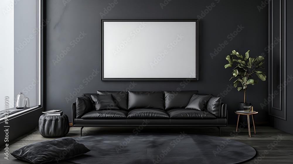 A minimalist living room with a sleek black leather sofa and a large empty frame above it on a dark gray wall. A minimalist living room with a sleek black leather sofa and a large empty frame above it on a dark gray wall.