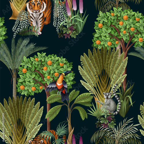 Seamless kids pattern with jungle trees and animals. Vector.