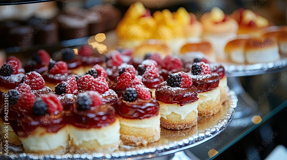 A close-up shot of delicious mini cheesecakes with fresh raspberries and blackberries. Perfect for websites or social media that showcase a bakery or dessert menu. A close-up shot of delicious mini cheesecakes with fresh raspberries and blackberries. Perfect for websites or social media that showcase a bakery or dessert menu.