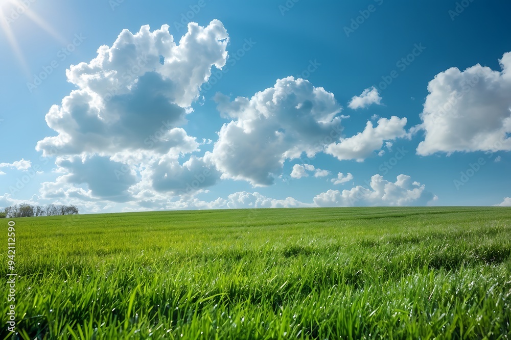 Lush Green Field Under a Bright Blue Sky with Fluffy Clouds Lush Green Field Under a Bright Blue Sky with Fluffy Clouds