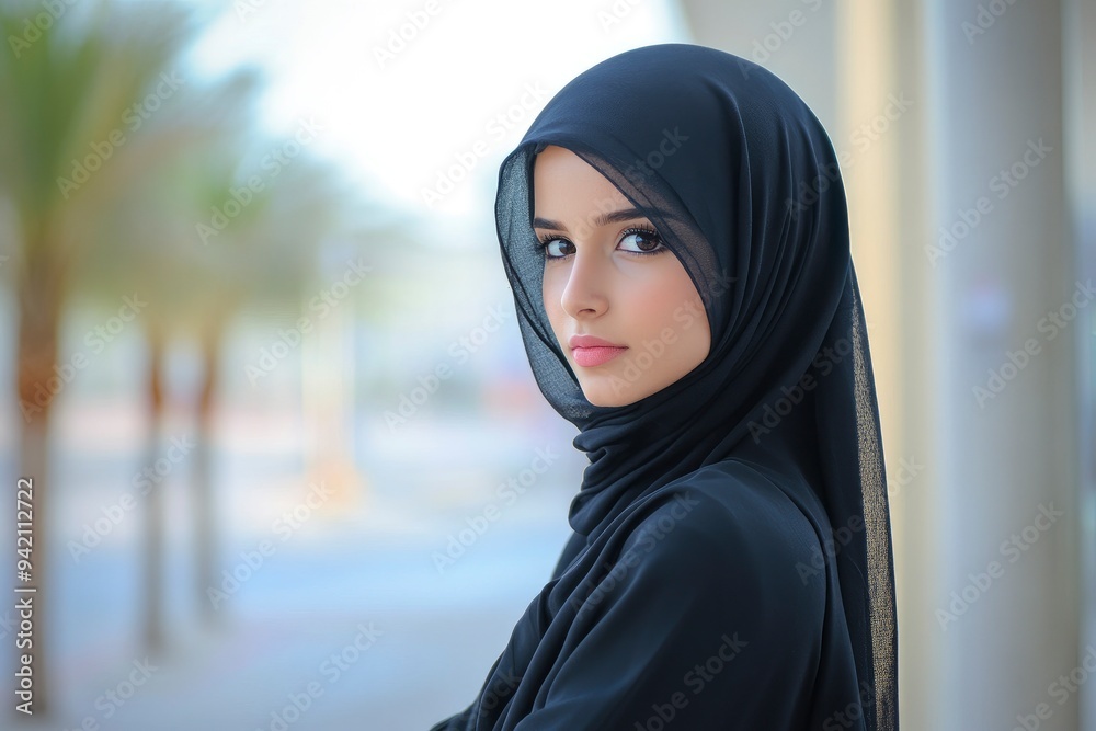 Happy Emarati women wearing Abaya doing cross arm looking far. UAE girl in Hijab hair veil as part of cultural outfit with generative ai Happy Emarati women wearing Abaya doing cross arm looking far. UAE girl in Hijab hair veil as part of cultural outfit with generative ai