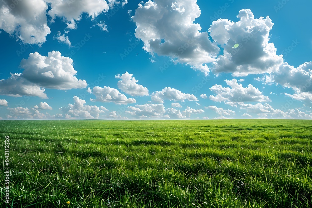 Expansive Green Field Under a Bright Blue Sky with Fluffy Clouds Expansive Green Field Under a Bright Blue Sky with Fluffy Clouds