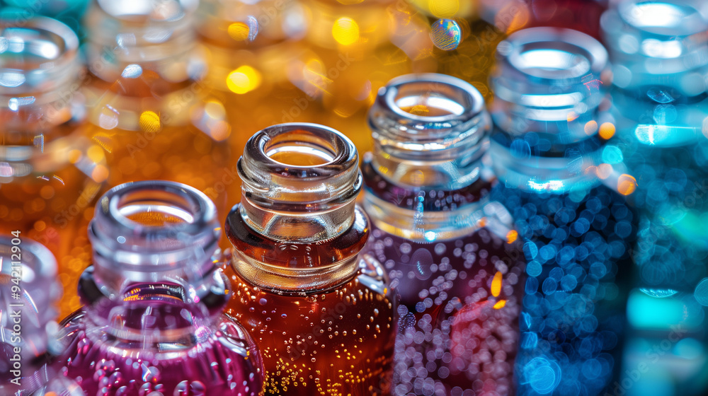 Colorful small glass bottles filled with beads on display. Colorful small glass bottles filled with beads on display.