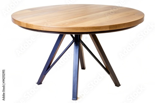 A wooden table with black legs and a round top