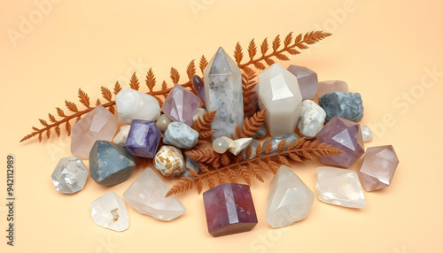 many crystal minerals with dry fern on beige background. magic rock for crystal ritual, witchcraft, spiritual practice and meditation isolated with white highlights, png photo