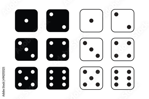 Game dice Icon with side of cube from one to six number. Set of black icon sided for gamble. Dot on cube of casino