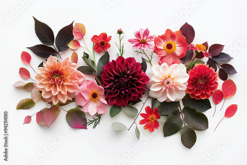 Beautiful autumn flat lay composition with flowers and leaves on isolated white background. Great design for any perpose. photo