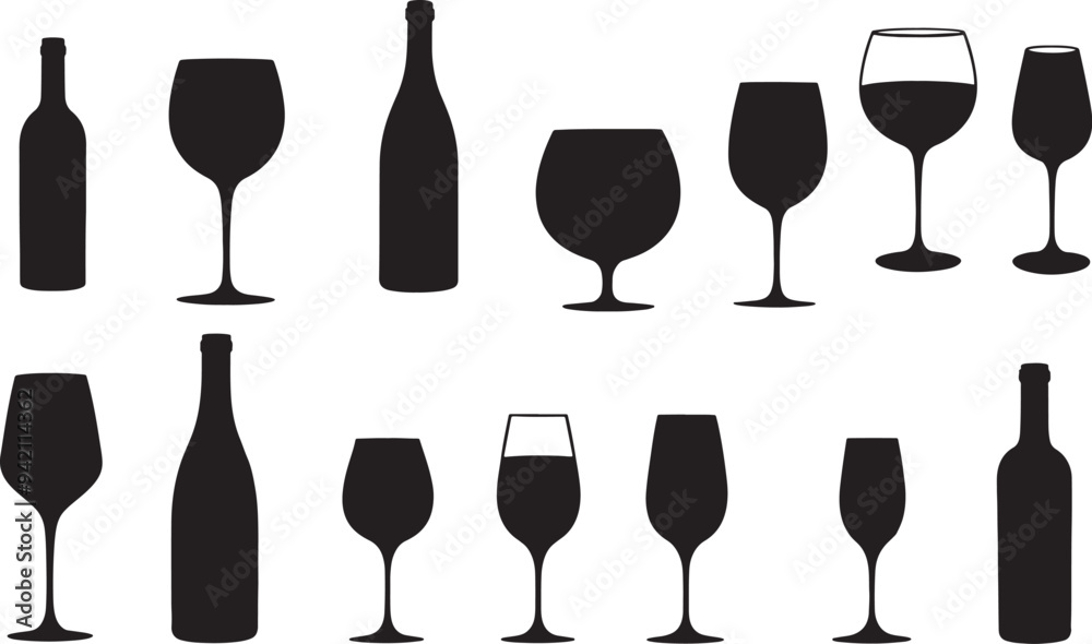 Set of wine bottle silhouette isolated on white background