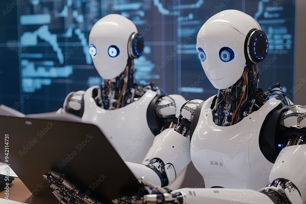 Two autonomous humanoid robots are engaged in analyzing financial documents Two autonomous humanoid robots are engaged in analyzing financial documents