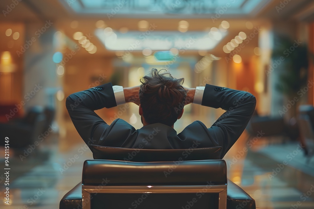 Reflecting in Tranquility: A Businessman Enjoys a Moment of Peace in a Modern Lobby