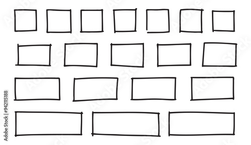 Free outline hand drawn vector squares, rectangles different sizes. Scribble rectangular frames set. Freehand square borders. Text highlight underline. 