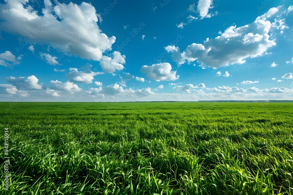Obraz premium Lush Green Field Under a Bright Blue Sky with Fluffy Clouds