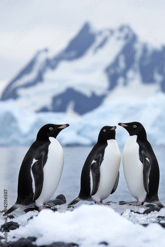 Fototapeta premium Three penguins standing on a rocky shore in front of a mountain. The penguins are looking at the camera