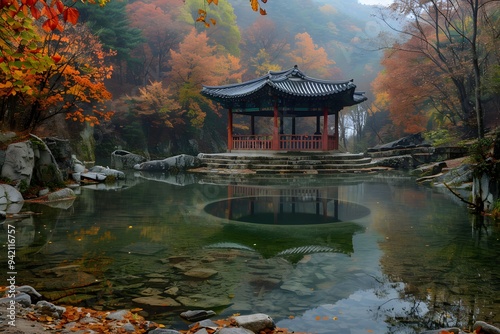 Serene Autumn Landscape with Traditional Pavilion by a Reflective Pond